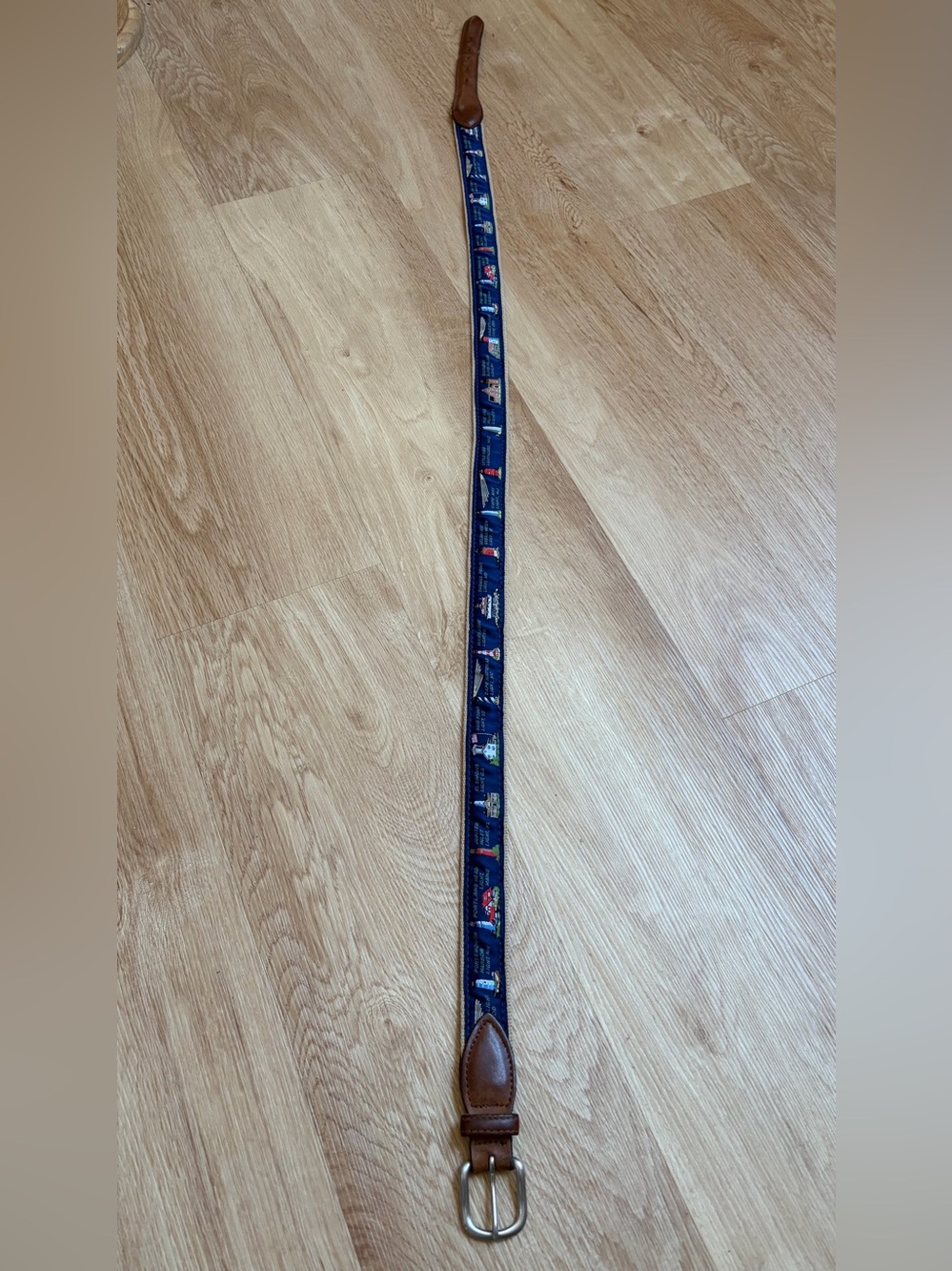 Belted Cow Lighthouse Belt Tan Navy Blue Brown Leather Trim Preppy - Picture 3 of 10